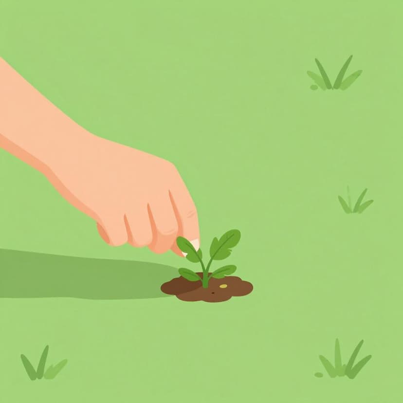 Une main arrachant une seule mauvaise herbe d'une pelouse parfaitement verte.