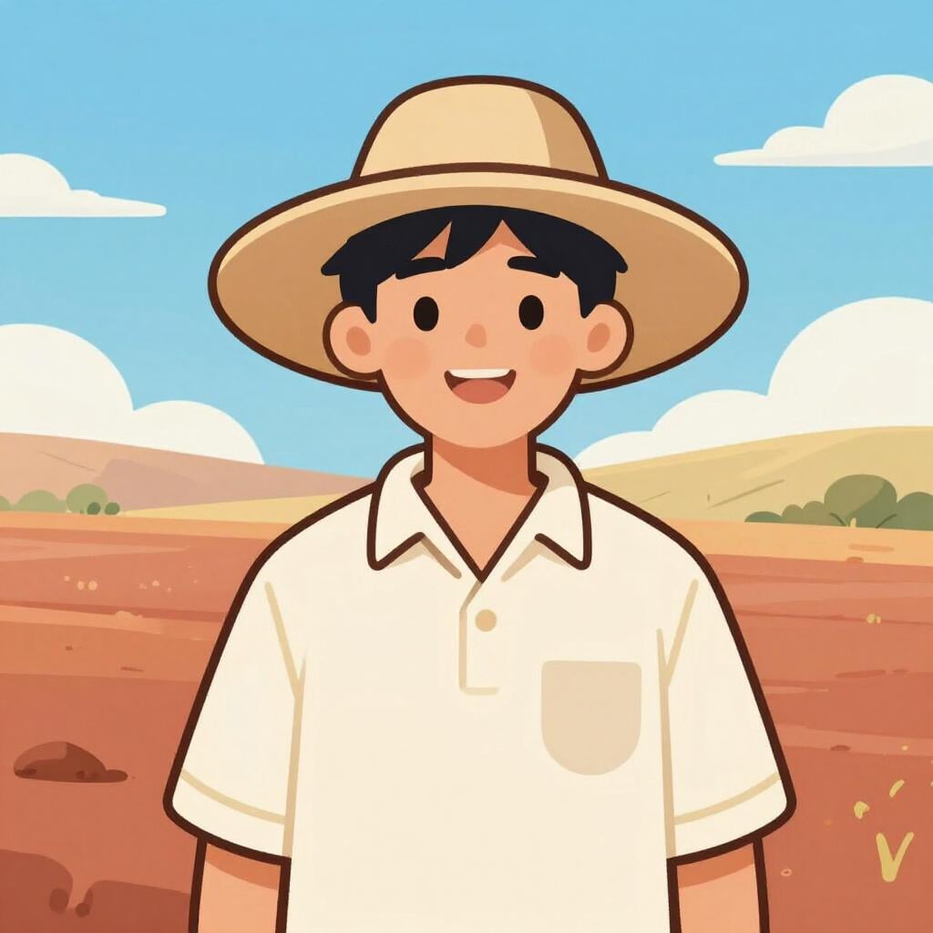 Un uomo sorridente che indossa un cappello da boscaiolo a tesa larga e abbigliamento casual da esterno, in piedi nell'outback.