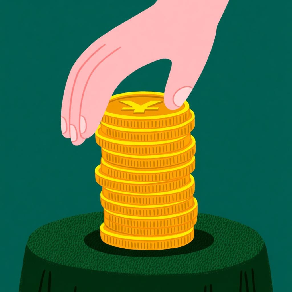 A human hand pushing a tall stack of shiny gold coins onto a green felt table, symbolizing the act of betting or gambling.