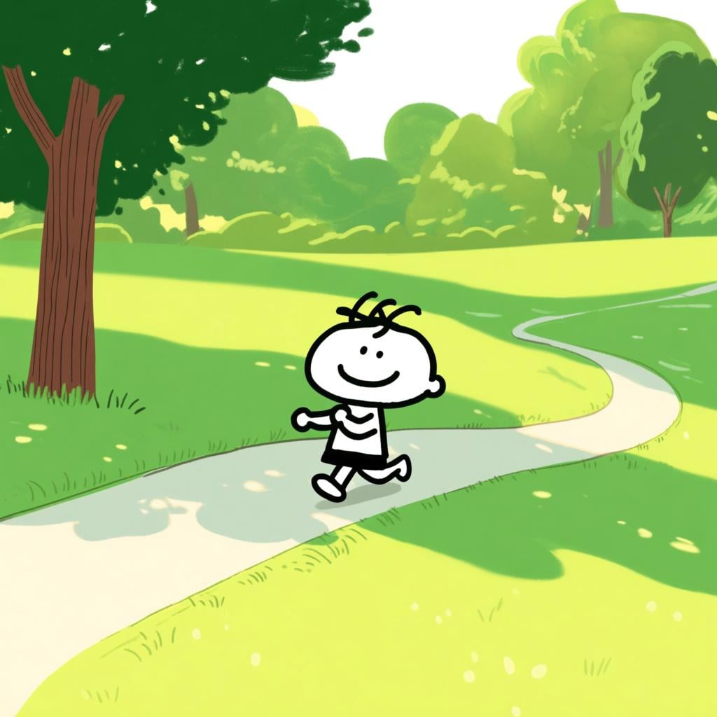 A smiling, simply drawn person taking a leisurely walk down a winding path in a sunny park.