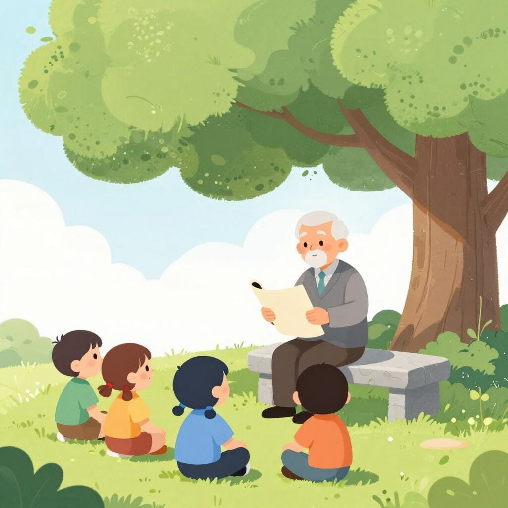 A wise teacher sitting under a large leafy tree, sharing a scroll with a group of attentive students in a peaceful garden.