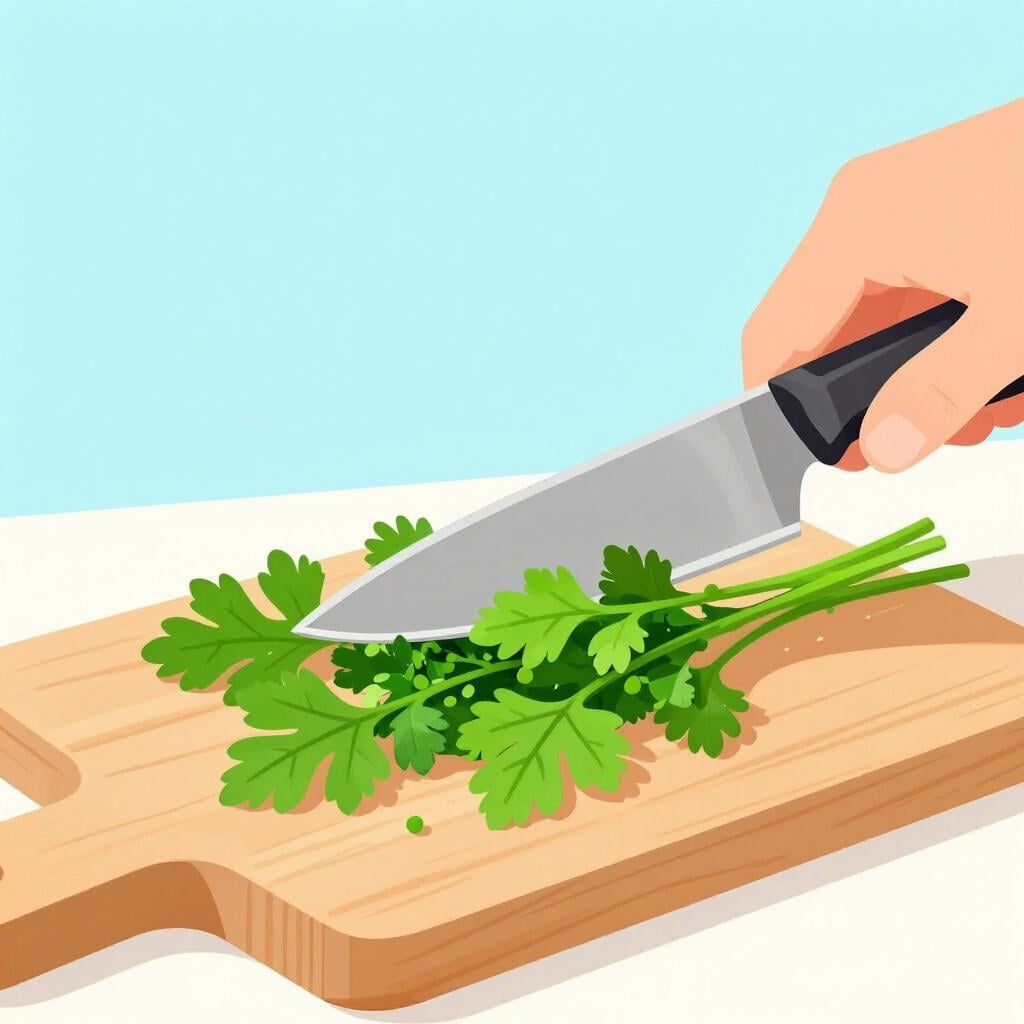 A wooden cutting board with a silver knife chopping fresh green herbs.