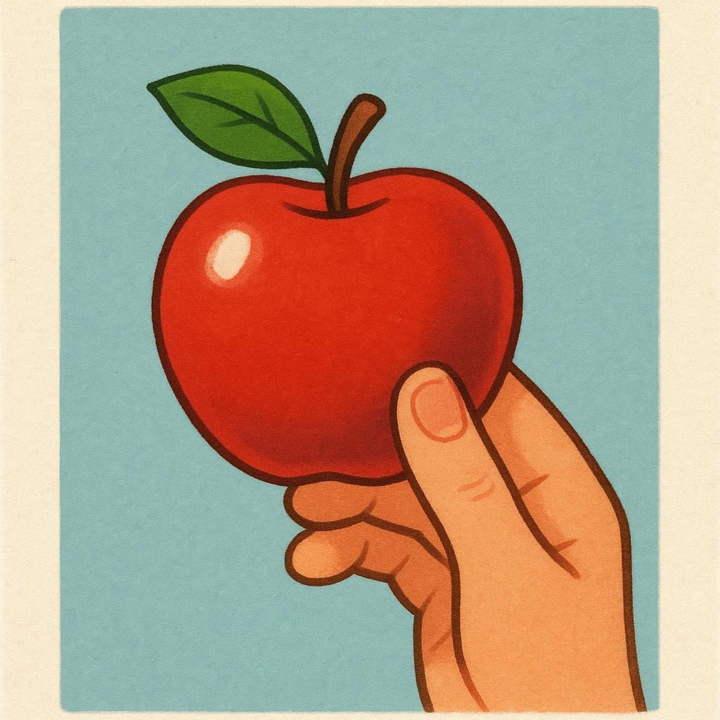 A small, colorful finished photograph print showing a simplified image of a red apple, held gently by two fingers.