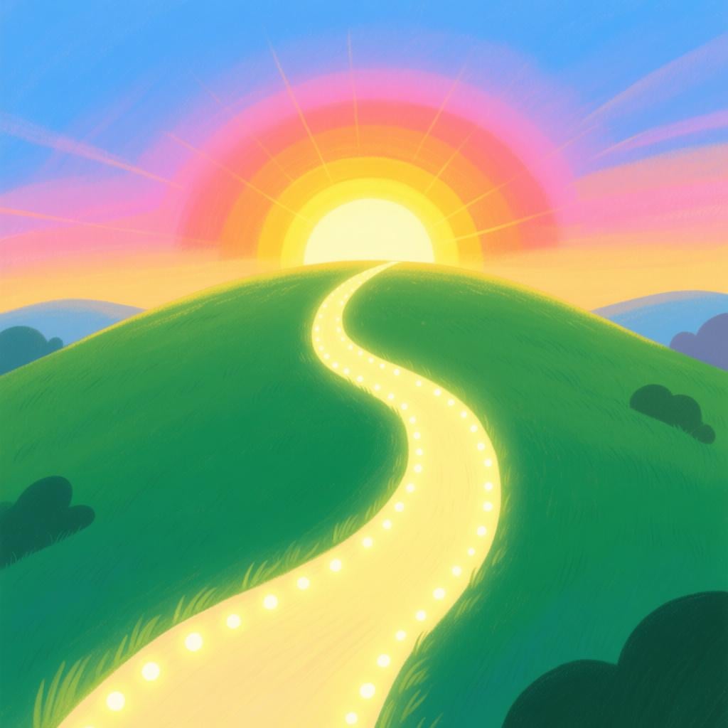 A bright, winding path leading up a grassy hill toward a glowing sunrise, symbolizing the unknown time that is yet to come.
