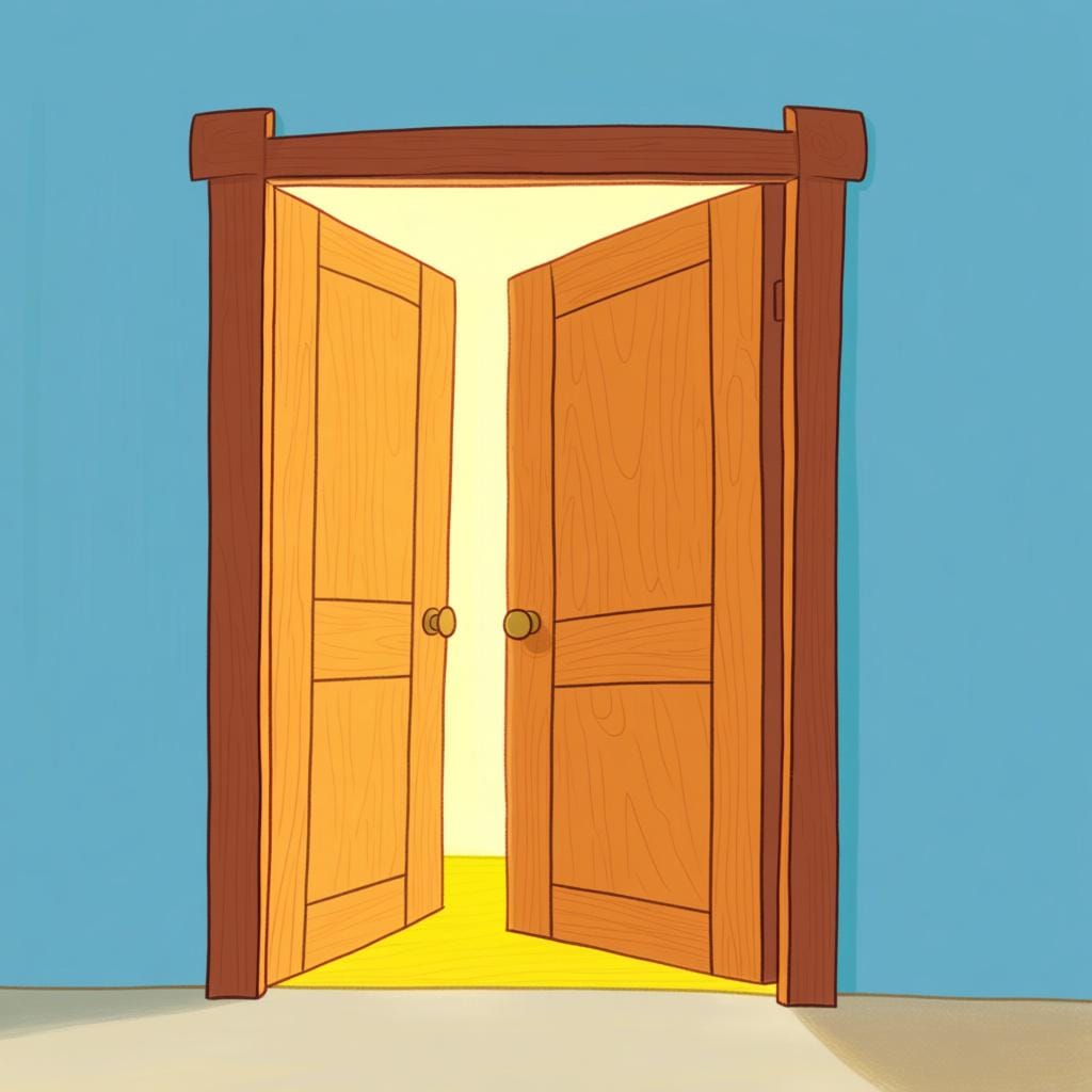 Eine einfache Holztür, die einen Spalt breit offen steht und einen Lichtstreifen hereinlässt, was einen Zustand des 'teilweise' oder 'etwas' offenen Zustands darstellt.