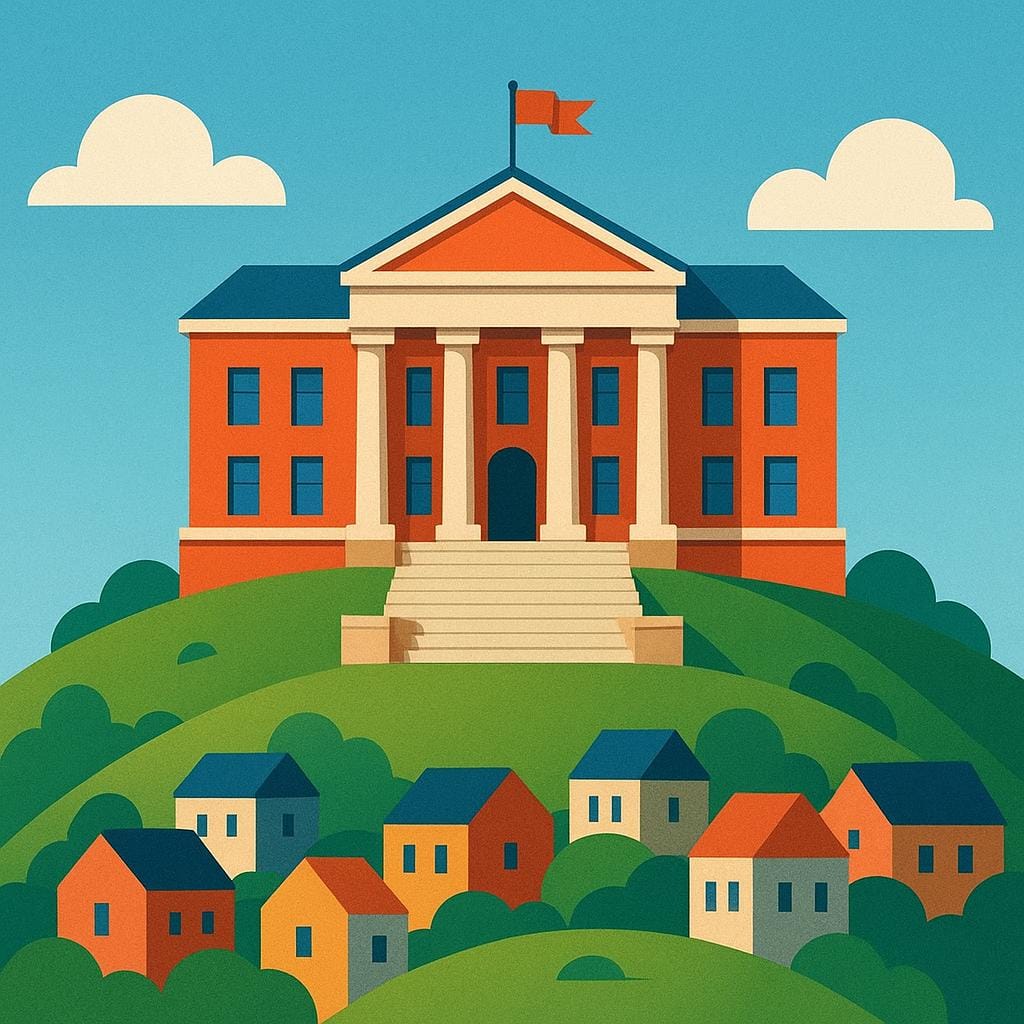 A large, imposing, main administrative building with a flagpole in front of it, clearly dominating smaller surrounding buildings, symbolizing a headquarters.