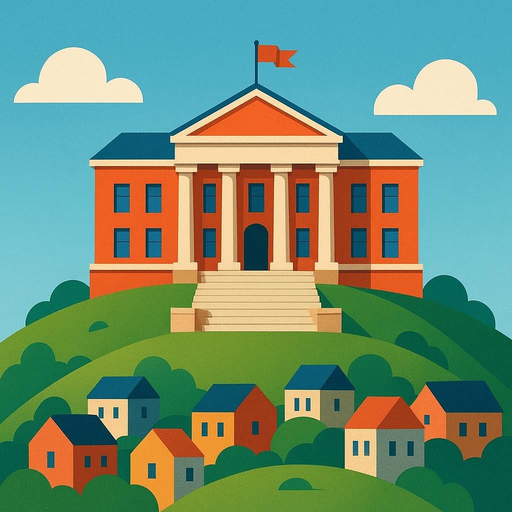 A large, imposing, main administrative building with a flagpole in front of it, clearly dominating smaller surrounding buildings, symbolizing a headquarters.