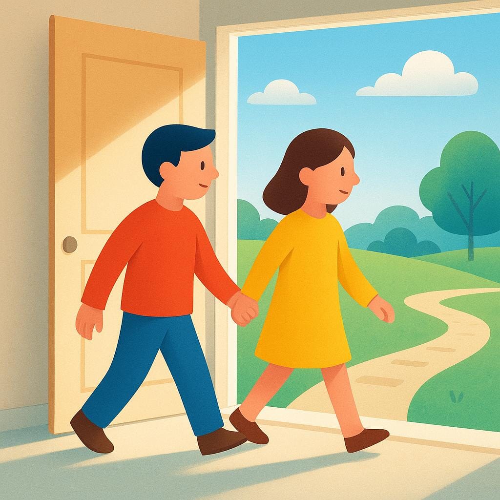 Two stylized people are shown walking through a brightly lit doorway, leaving a building and stepping onto an outdoor path, emphasizing the act of departure.