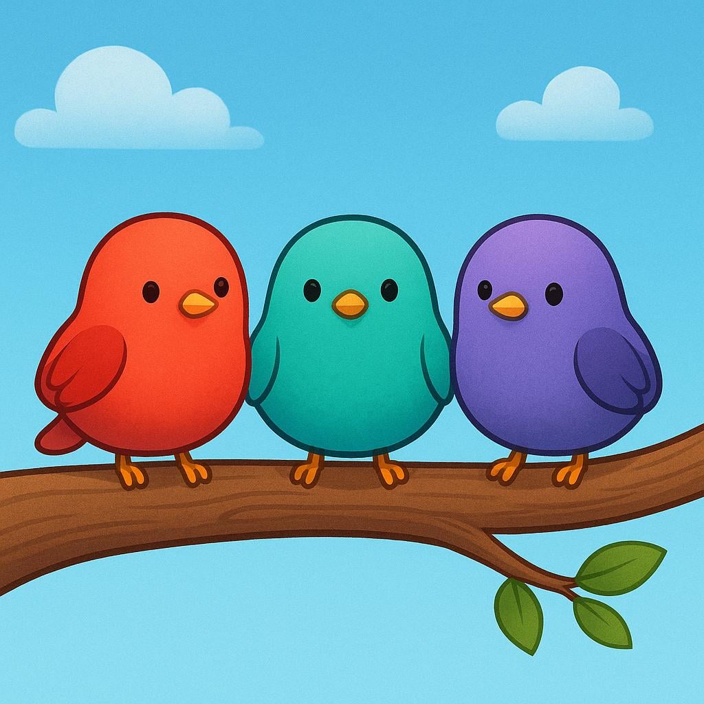 Three brightly colored birds perched together on a thick brown tree branch against a bright blue sky, illustrating the concept of being located.