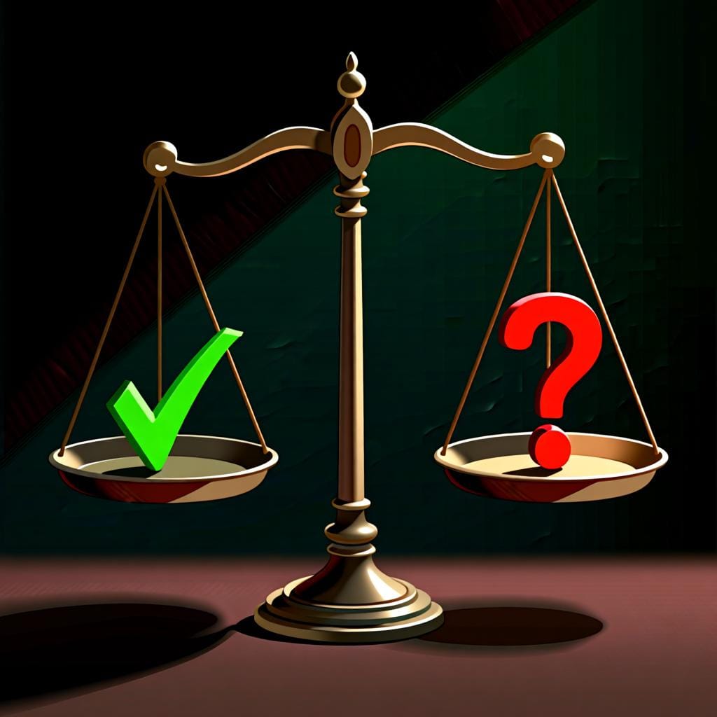 A balancing scale with a book on one side and a pile of coins on the other, representing the balance of two different ideas.