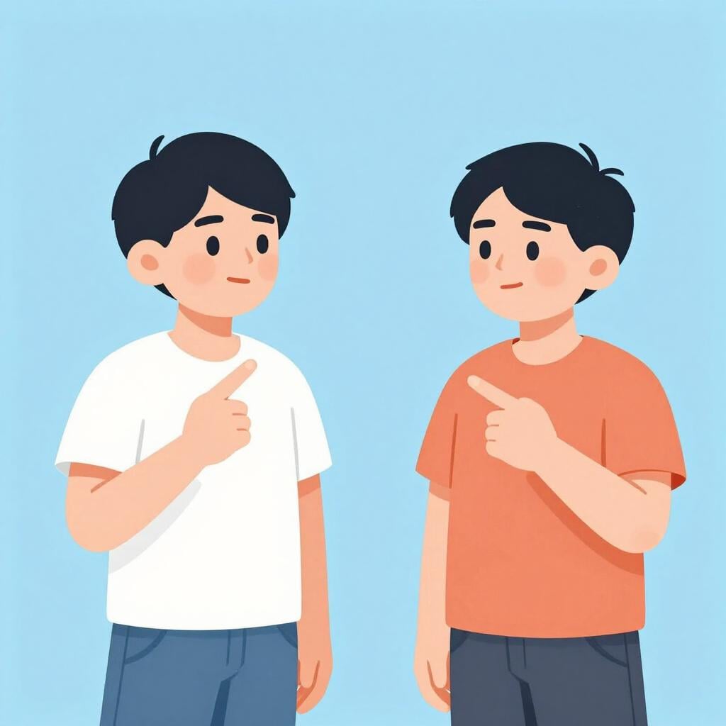 A colorful storybook illustration showing two characters in a disagreement; one person points up while the other points down.