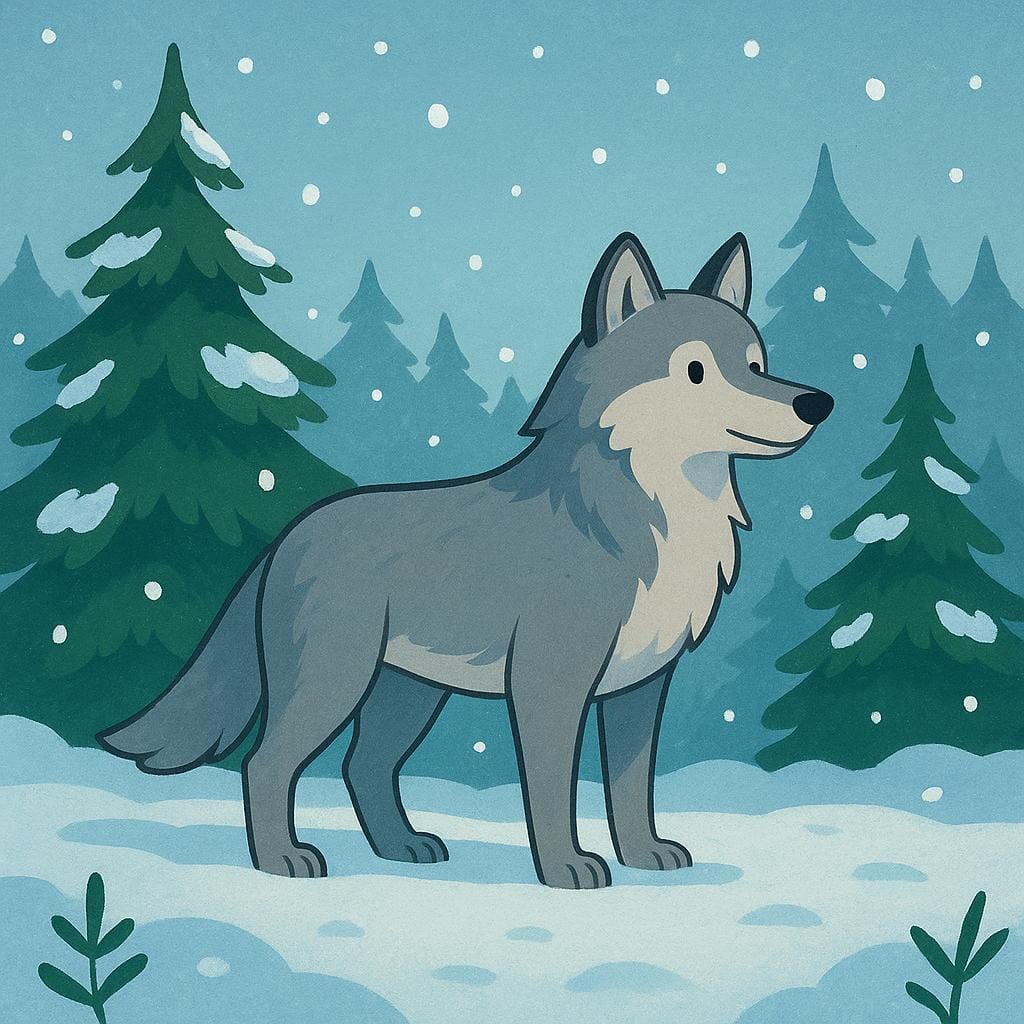 Ein grauer Wolf steht majestätisch auf einer Lichtung in einem verschneiten Wald und wirkt wachsam.