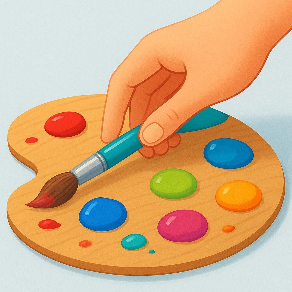A stylized hand carefully setting down a paintbrush onto a wooden palette covered with bright paint, indicating the end of painting.