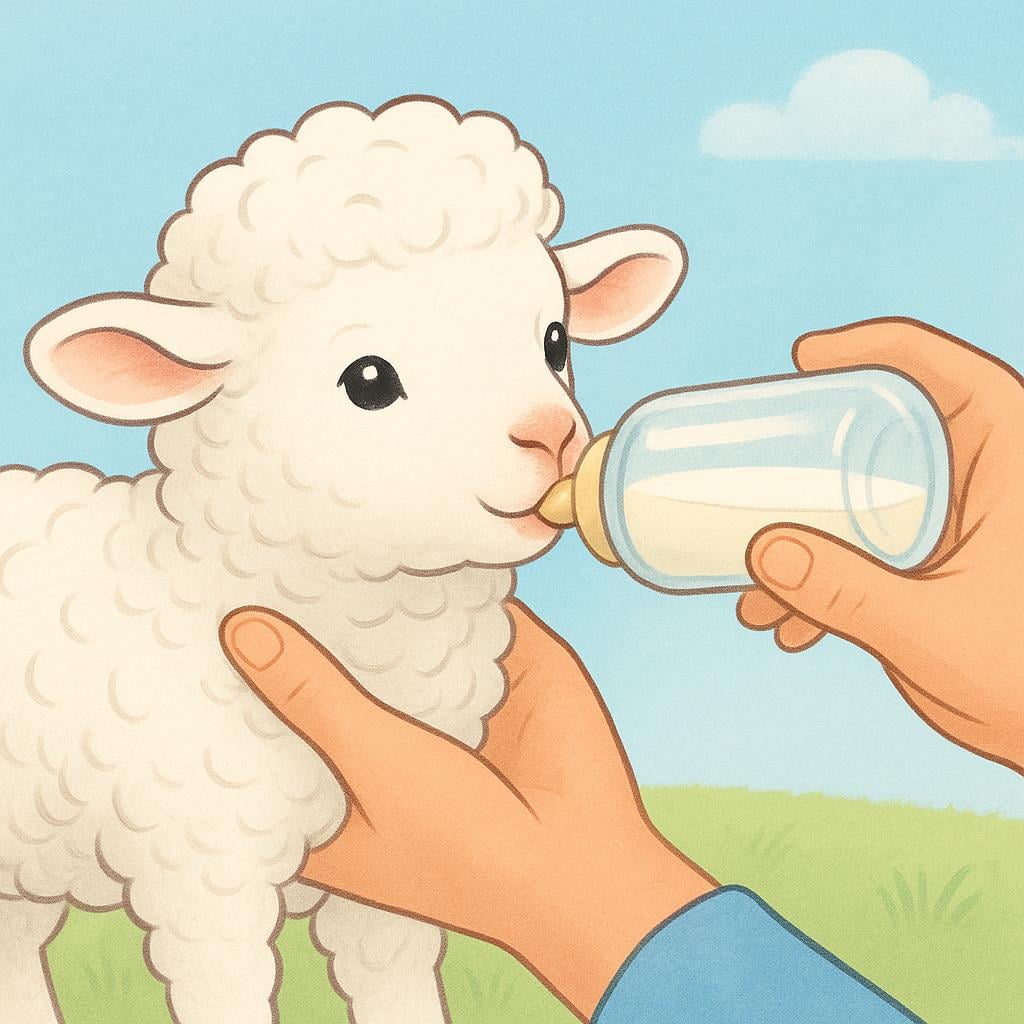 哺乳瓶で小さな子羊に優しく餌をあげている人。