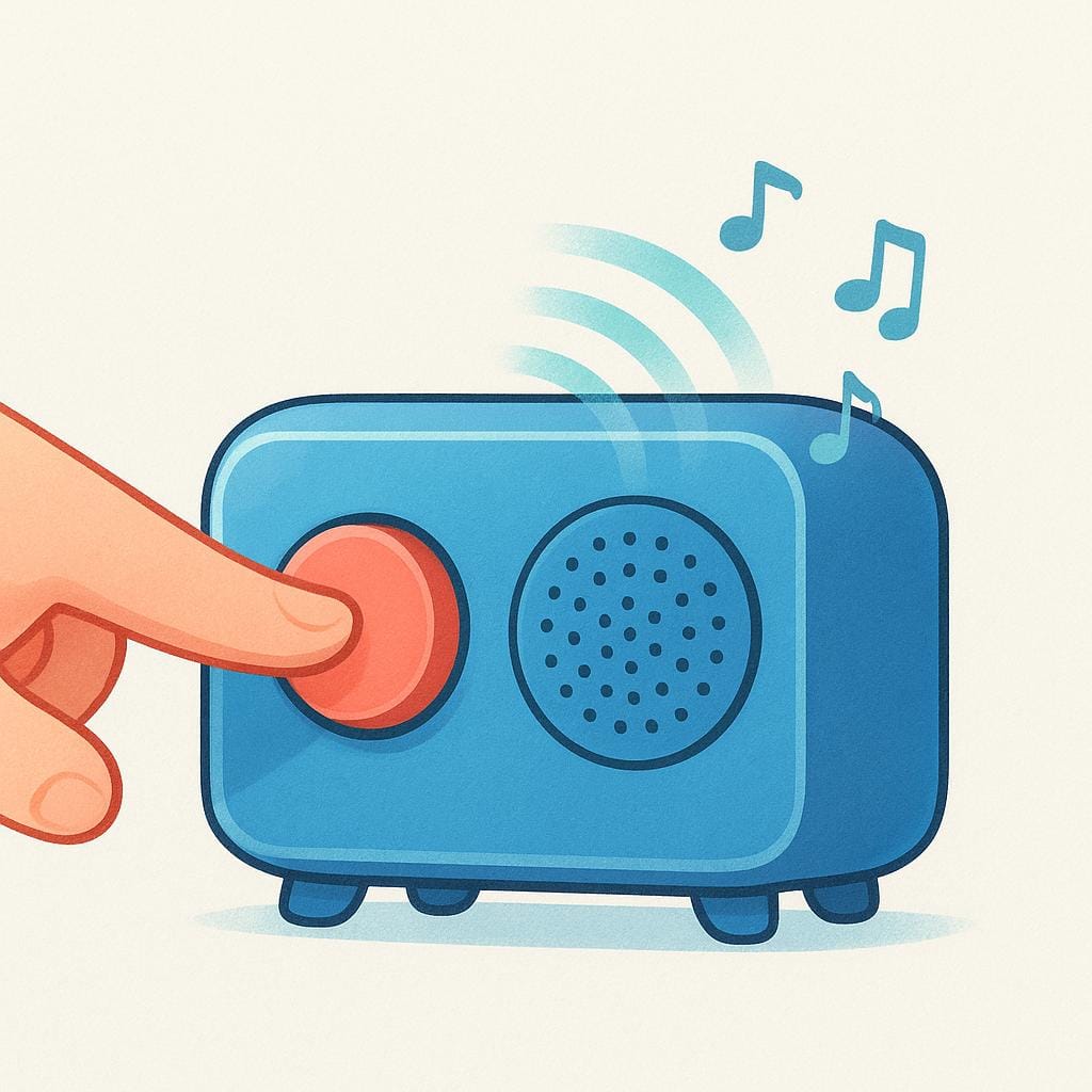 Um dedo pressionando um botão em um pequeno rádio vintage azul. Ondas sonoras simples estão emanando visualmente do dispositivo.