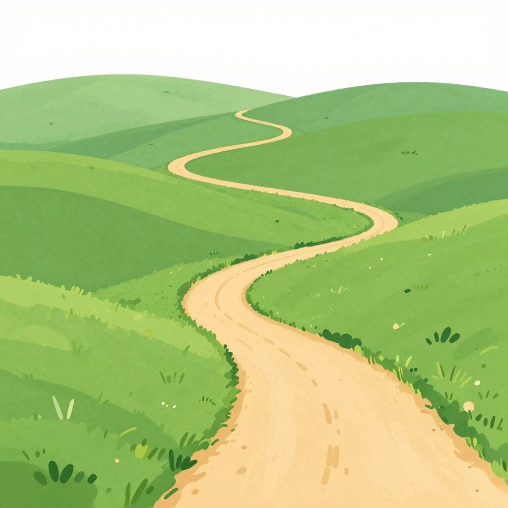 Um caminho muito longo e sinuoso que se estende por muitas colinas e desaparece no horizonte sob um céu brilhante.