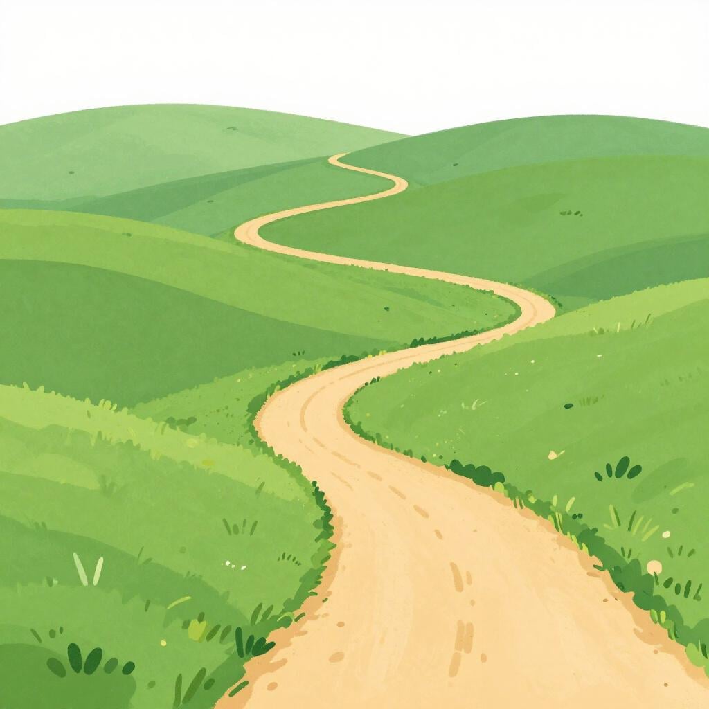 Ein sehr langer, gewundener Pfad, der sich über viele Hügel erstreckt und am Horizont unter einem strahlend blauen Himmel verschwindet.