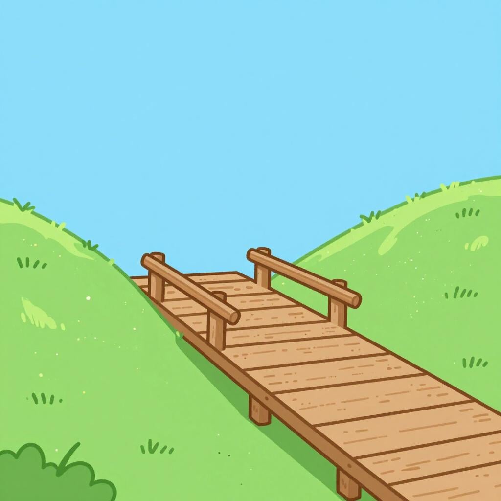 A bright bridge connecting two separate green hills over a small stream.