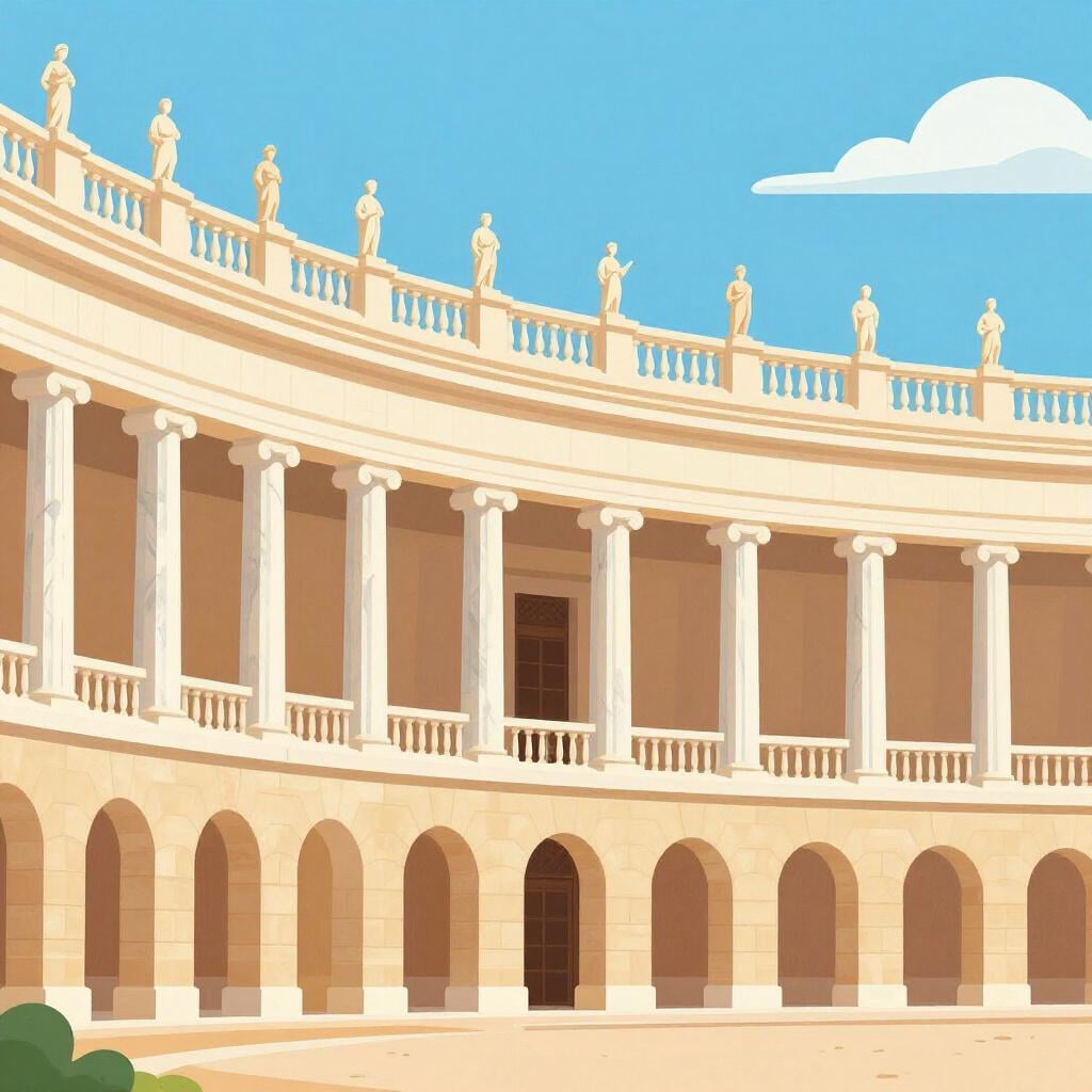 Um grande edifício de pedra com paredes curvas, muitas colunas e estátuas.