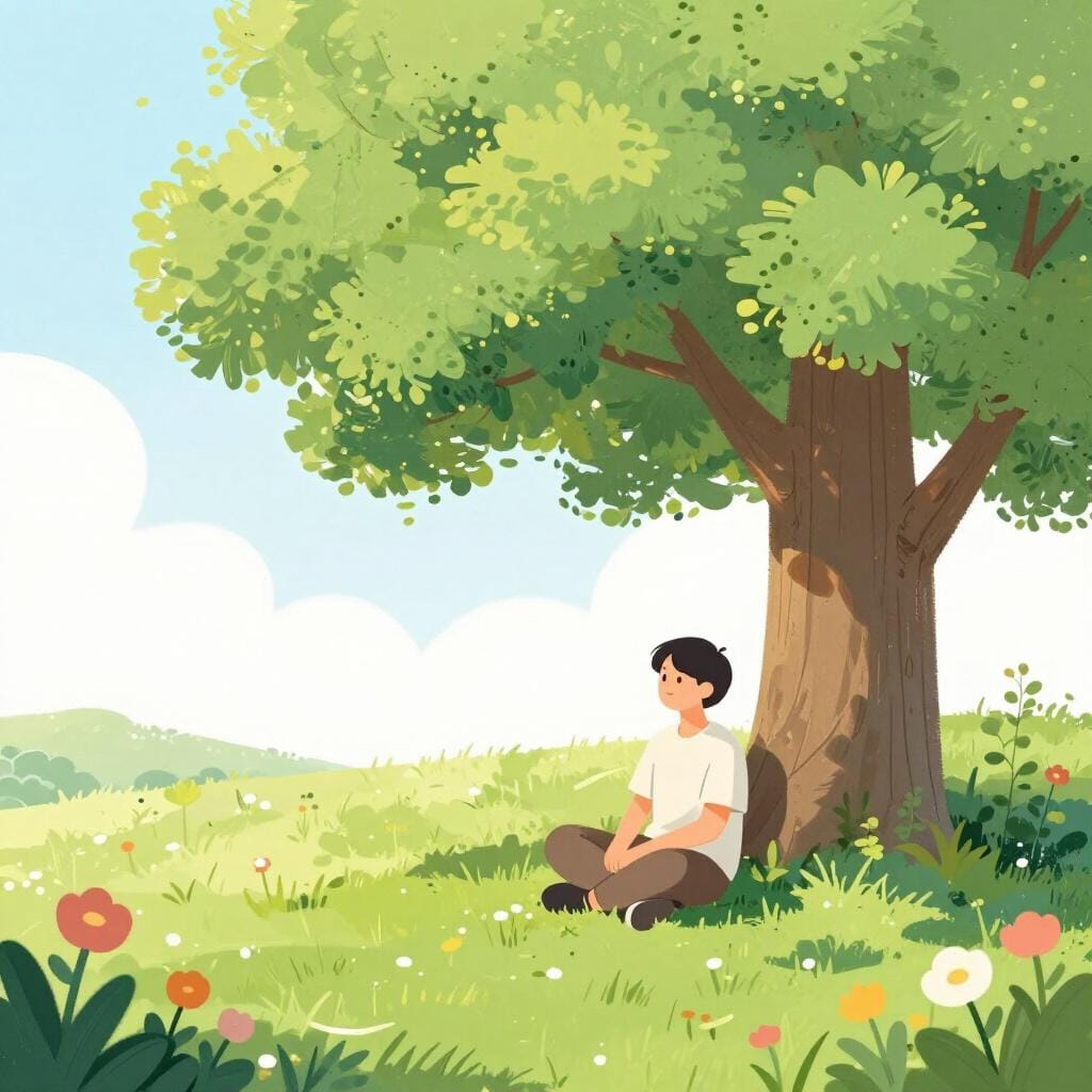 A person sitting peacefully under a large, lush tree in a sunlit meadow, looking happy and content.