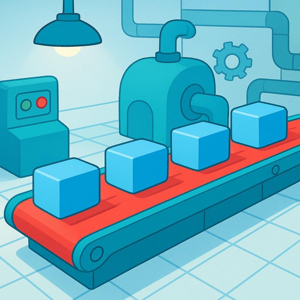 A simple, brightly colored conveyor belt is actively moving blue boxes along a track inside a stylized factory.