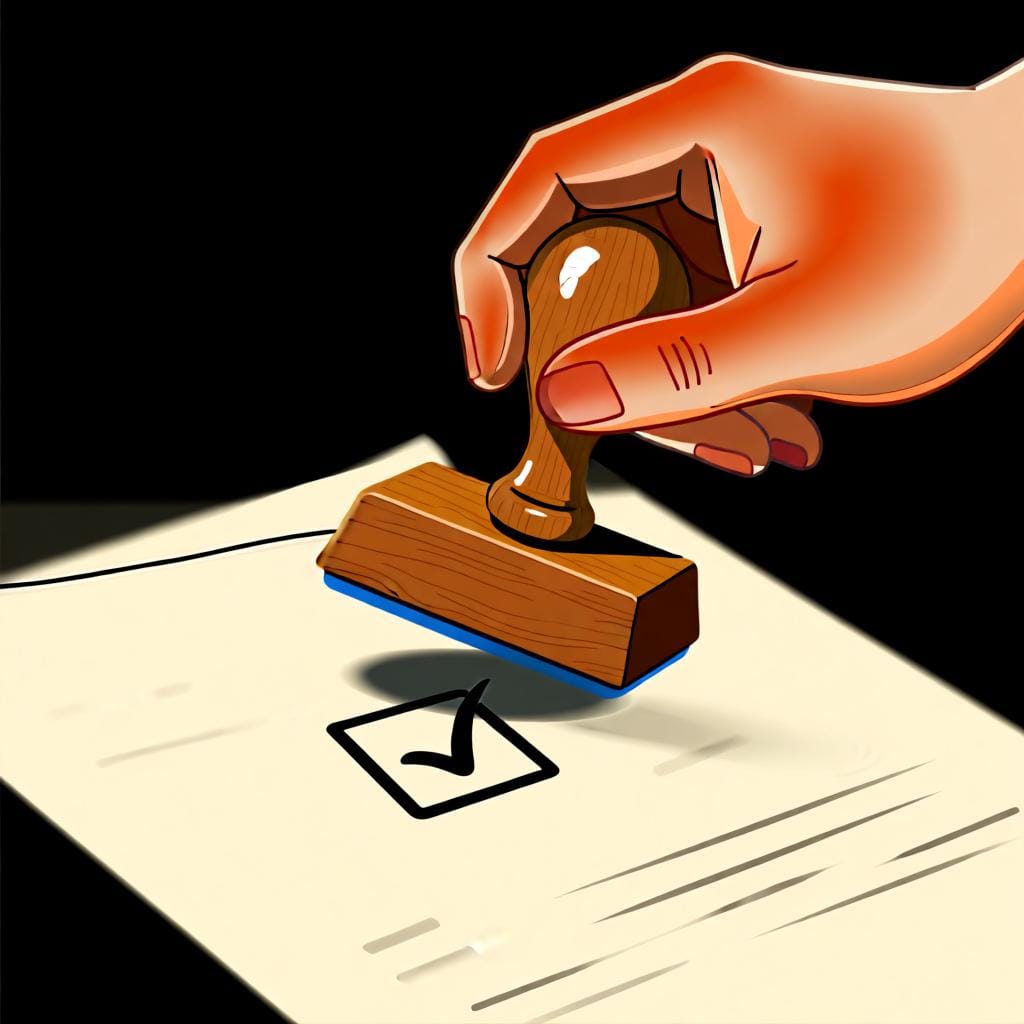 Una mano che timbra un documento con un timbro 'Approvato', che rappresenta il consenso o un voto 'sì'.