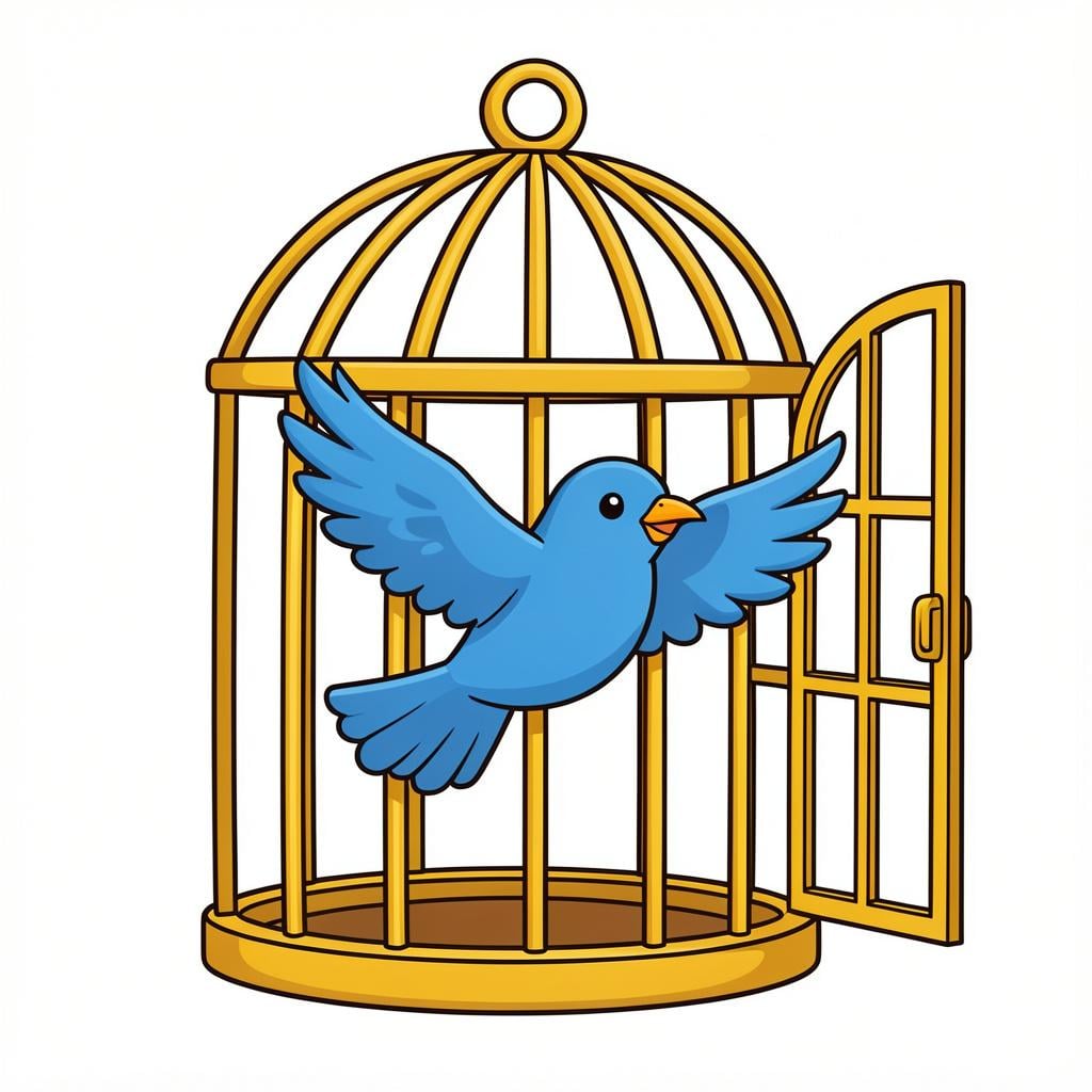 Ein kleiner Vogel, der aus einem offenen goldenen Käfig fliegt.