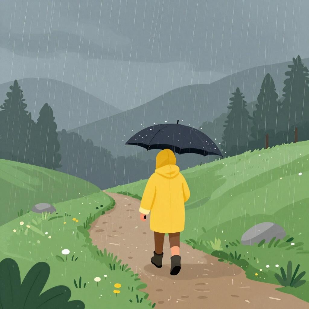 Un escursionista in piedi su un sentiero sotto la pioggia, indossa un impermeabile giallo brillante e tiene un ombrello.