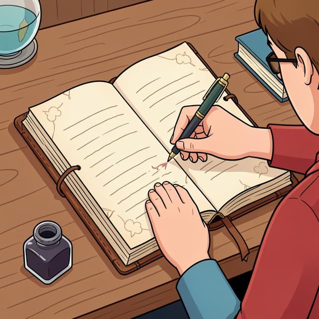 Iemand schrijft in een groot registerboek met een ganzenveer.