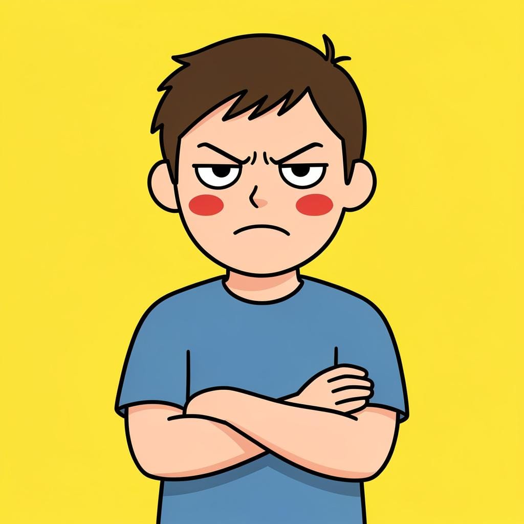 A person with crossed arms and a frowning face looking very bothered.