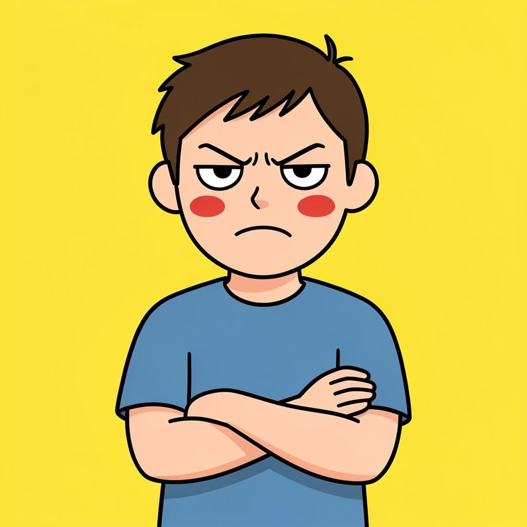 A person with crossed arms and a frowning face looking very bothered.