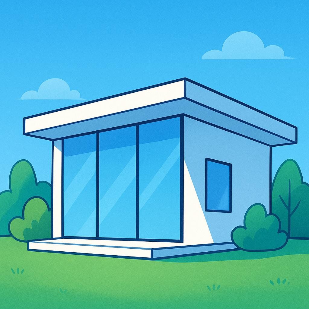 A sleek, minimalist white house with large glass windows and a flat roof, representing modern architecture.