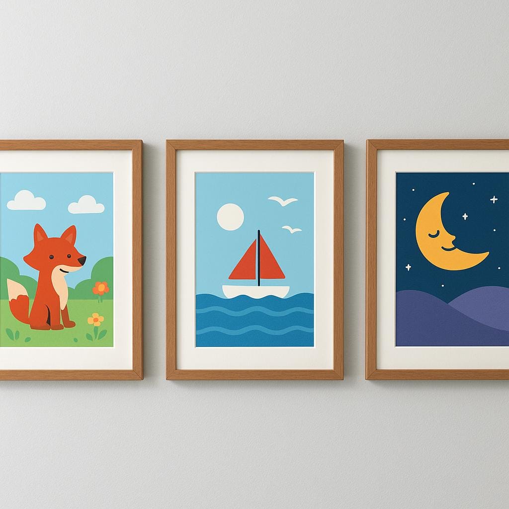 A simple, brightly colored wall featuring three distinct framed paintings hanging evenly.