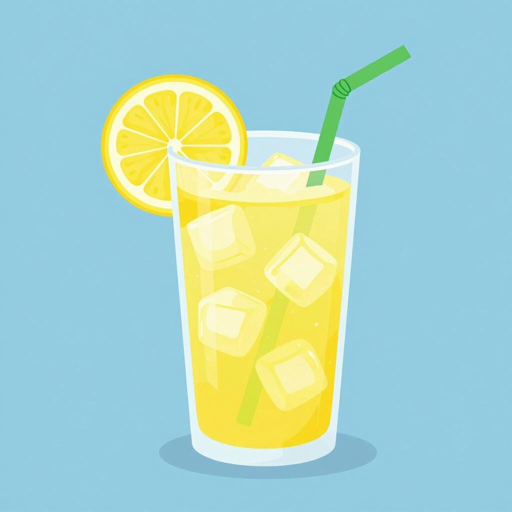 Ein hohes Glas gelber Limonade mit einer Zitronenscheibe am Rand und einem grünen Strohhalm.