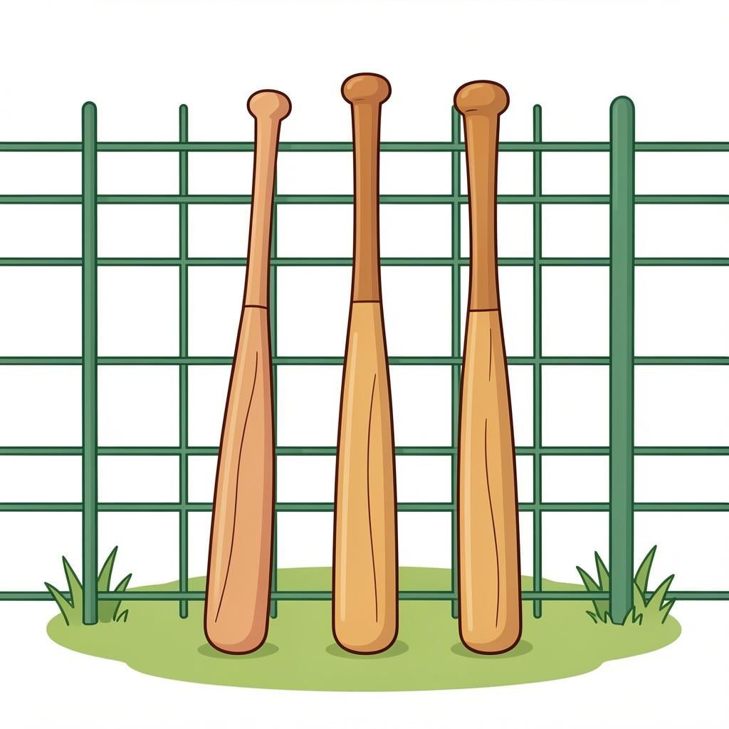 A collection of wooden and aluminum baseball bats leaning against a green fence.