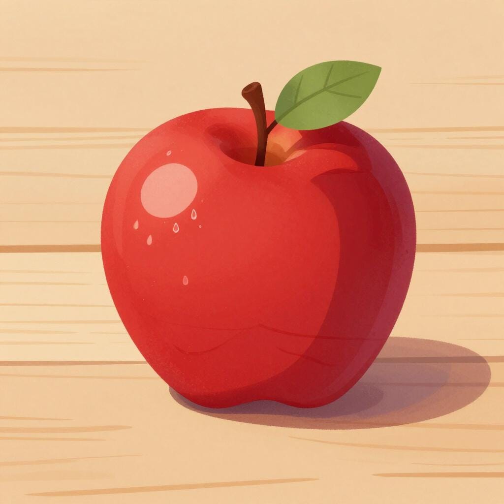 Une pomme rouge vif posée sur une table en bois propre.