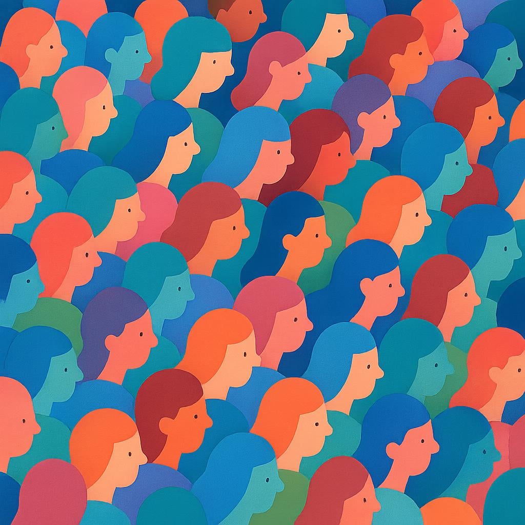 A dense, overwhelming crowd of simplified, colorful human figures filling the entire frame, illustrating the concept of a 'sea of people'.