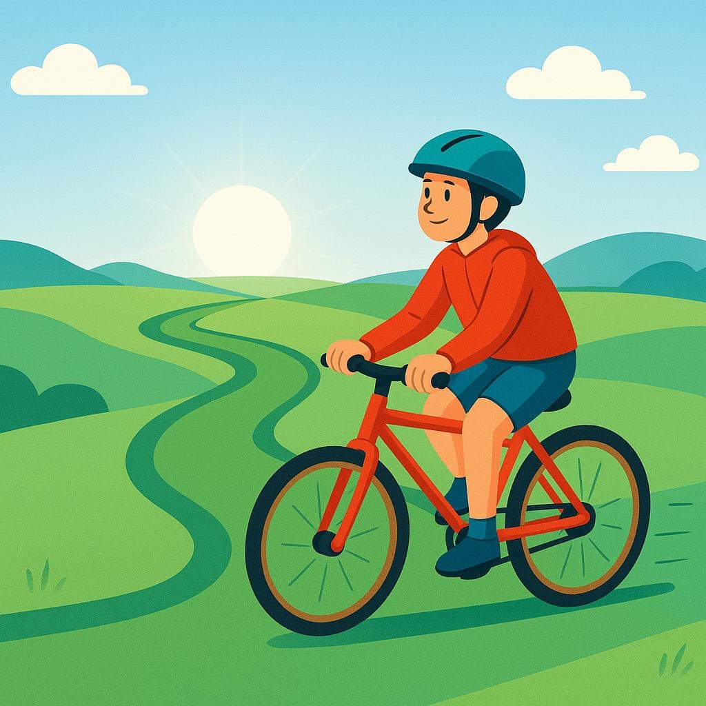 A small figure happily riding a bicycle on a long, winding dirt road that stretches far toward a sunny horizon, symbolizing the desire or possibility of ongoing travel.