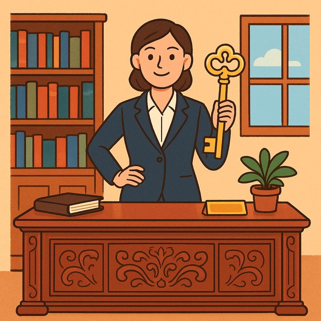 A colorful storybook illustration showing a person in a professional suit standing behind a large ornate desk, holding a large, golden key, symbolizing a position of authority.