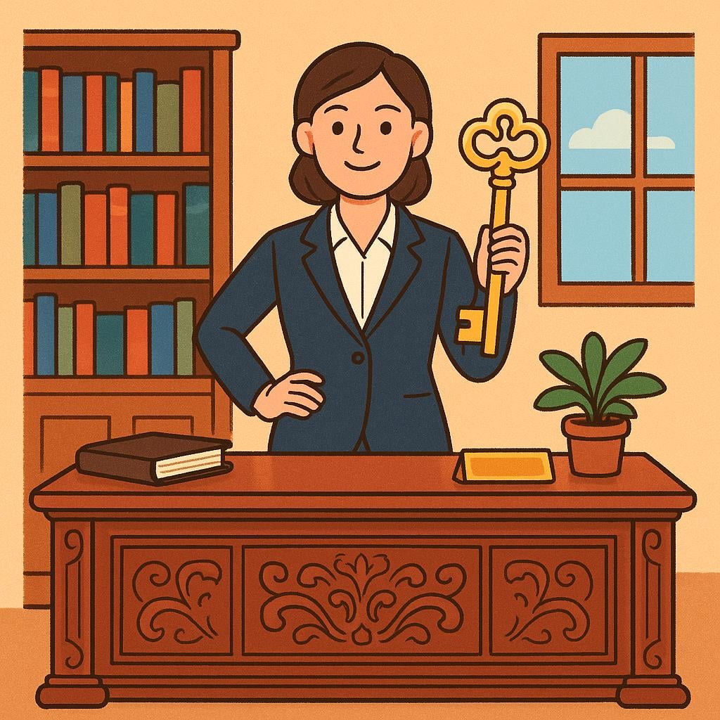 A colorful storybook illustration showing a person in a professional suit standing behind a large ornate desk, holding a large, golden key, symbolizing a position of authority.