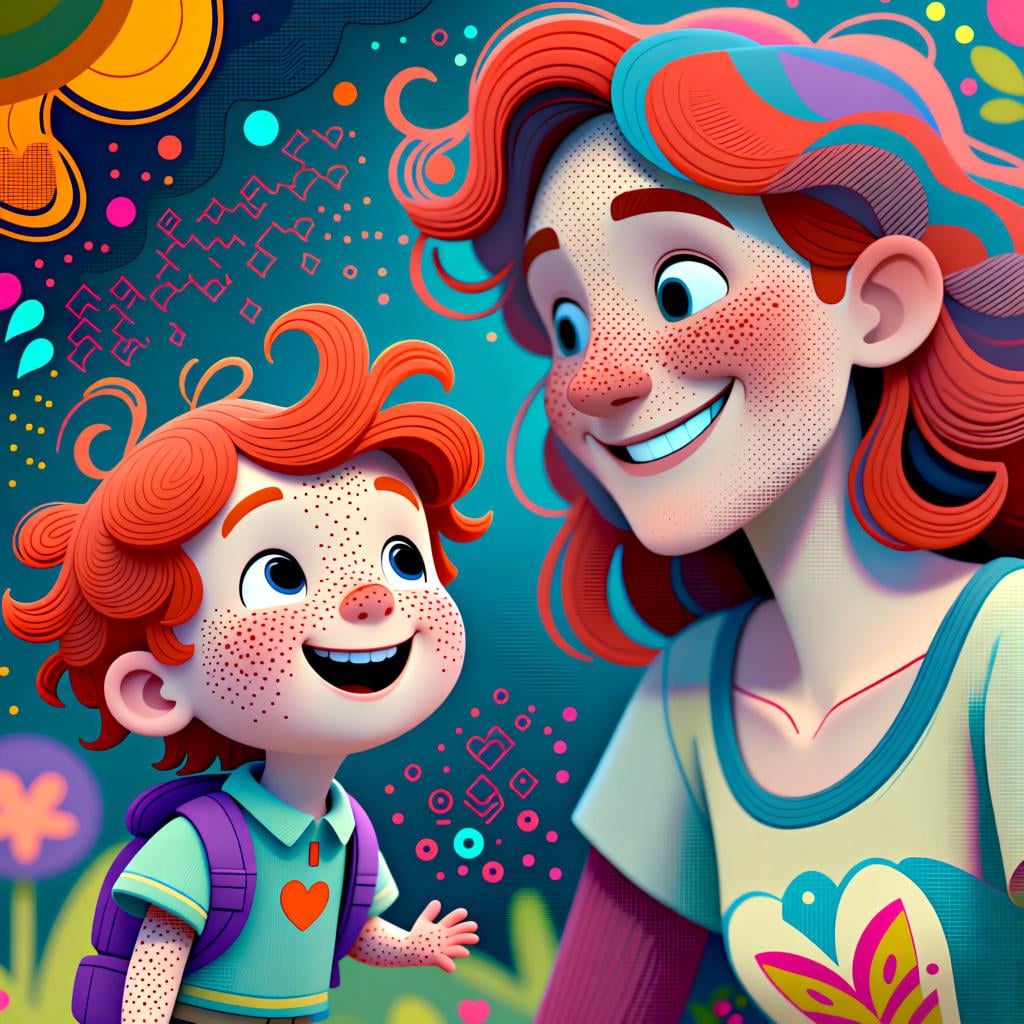 A smiling child with red hair standing next to a smiling adult with the same red hair, showing a clear family resemblance.