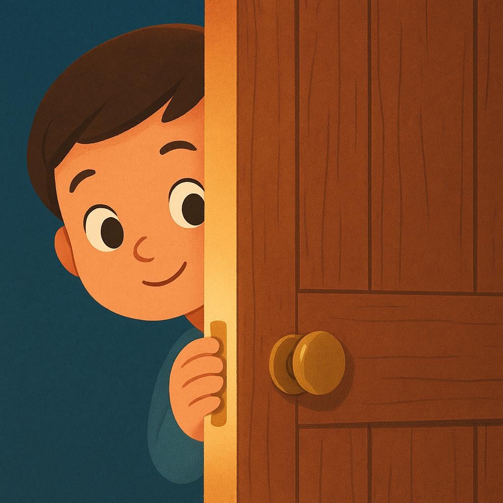 A colorful illustration of a curious person looking intently through a small gap in a wooden door, suggesting they are an insider with special access.