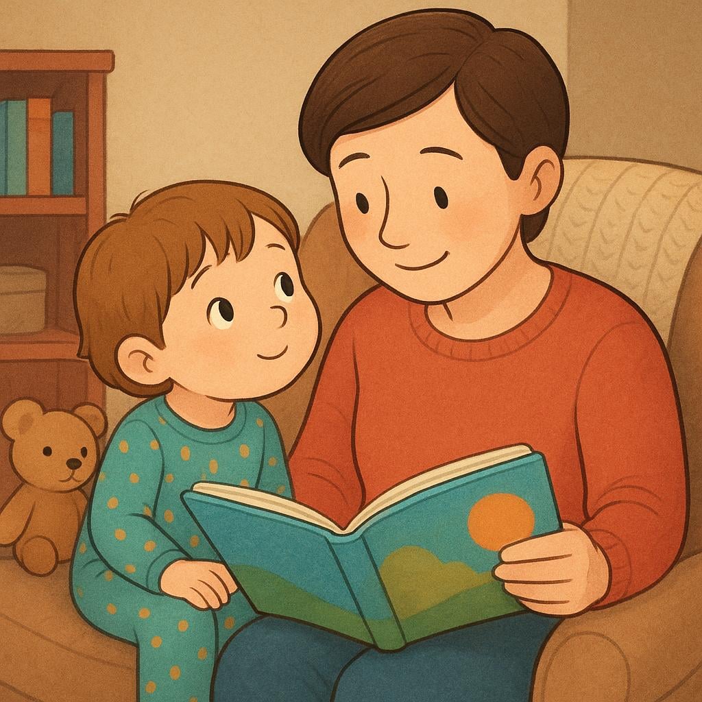 A small child sitting next to an older adult, leaning in with an expectant and eager expression, ready to listen to a story or information.