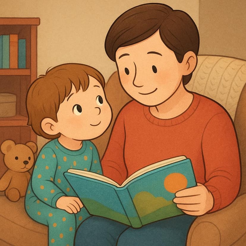 A small child sitting next to an older adult, leaning in with an expectant and eager expression, ready to listen to a story or information.