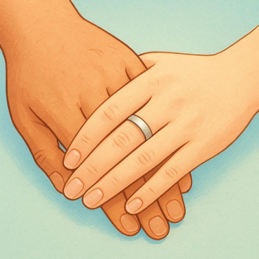 A close-up illustration of a man's hand and a woman's hand gently clasping each other, both wearing simple wedding rings on their ring fingers.