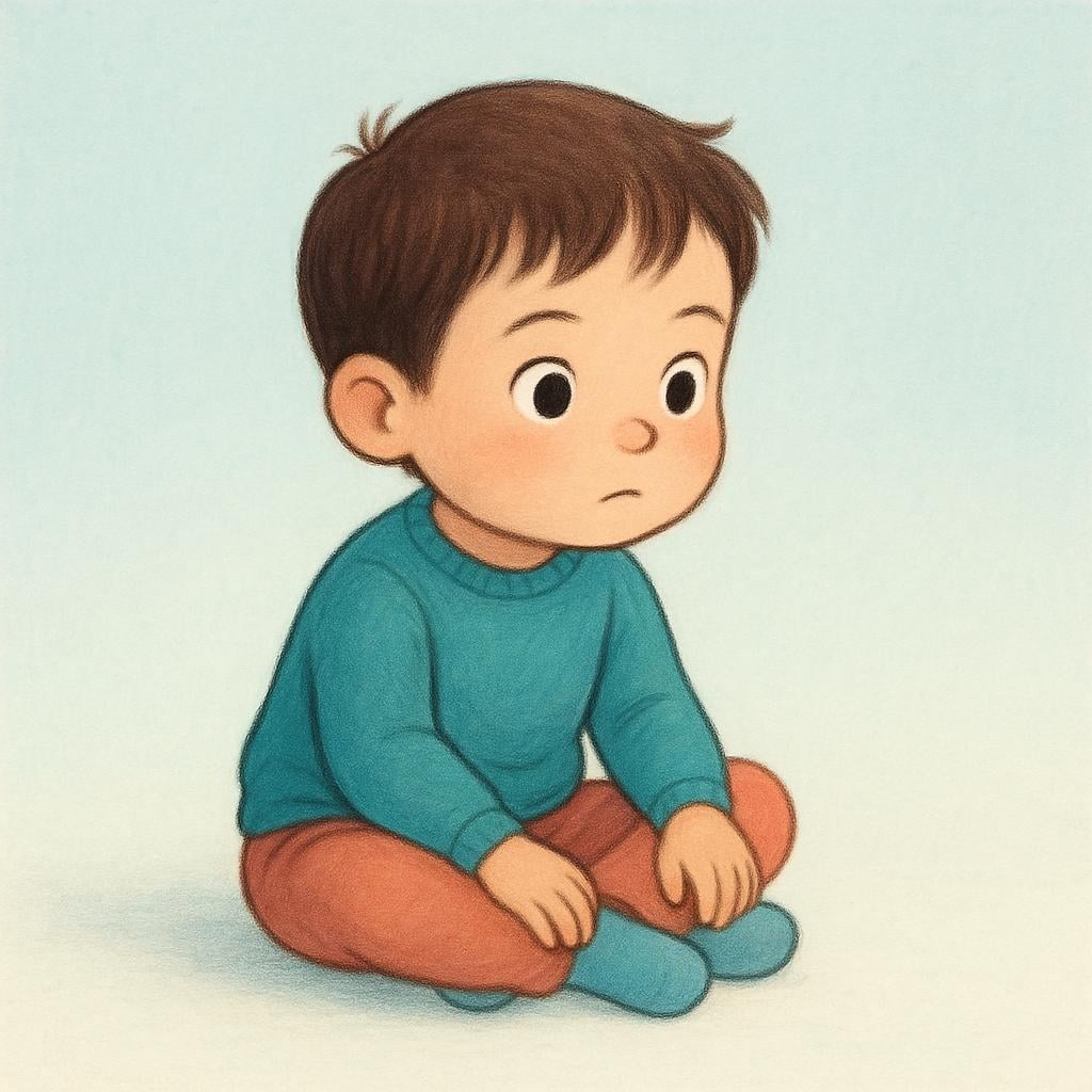 A young child sitting on the floor, leaning forward slightly with a look of intense concentration and wide, focused eyes, demonstrating attentiveness.