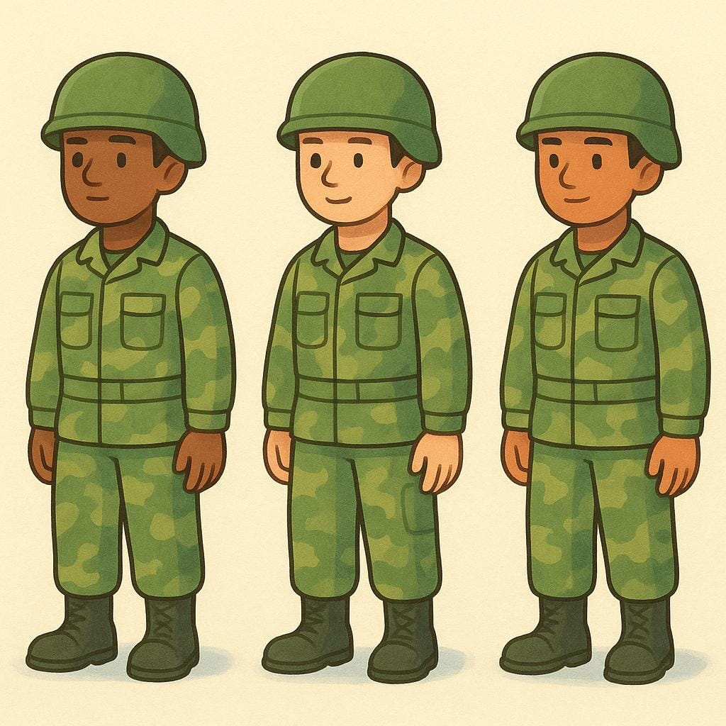 A group of soldiers in camouflage uniforms standing together in a neat line.