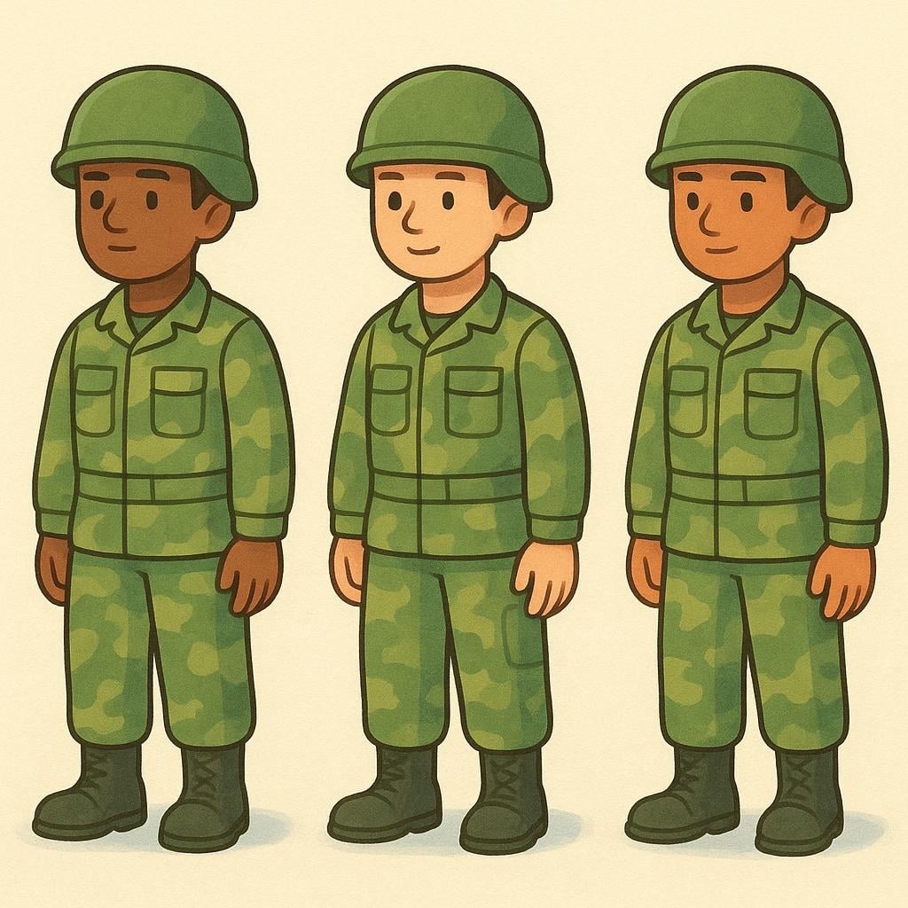A group of soldiers in camouflage uniforms standing together in a neat line.