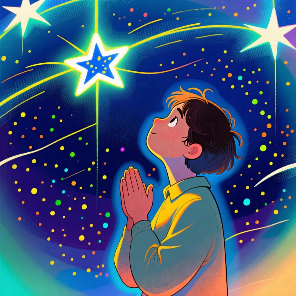 A person standing with hands clasped, looking up at a single bright star, symbolizing a wish or hope.
