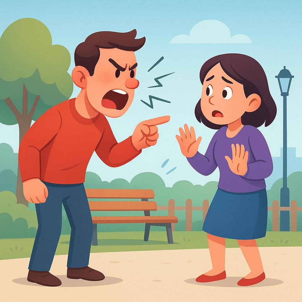 Two stylized figures standing in a public square engaged in a dramatic argument. One figure has an angry, exaggerated expression and raised hands, while the other figure appears distressed and is stepping back.